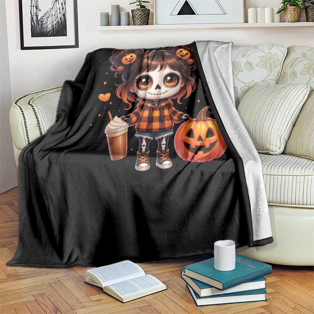 Halloween Autumn Spooky Fall Gift Throw Blanket Cute Chibi Skeleton Girl Pumpkin Spice Latte