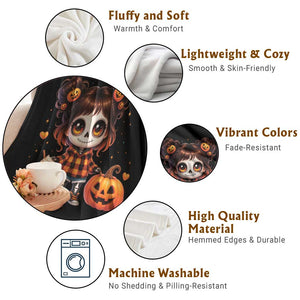 Halloween Autumn Spooky Fall Gift Throw Blanket Cute Chibi Skeleton Girl Pumpkin Spice Latte