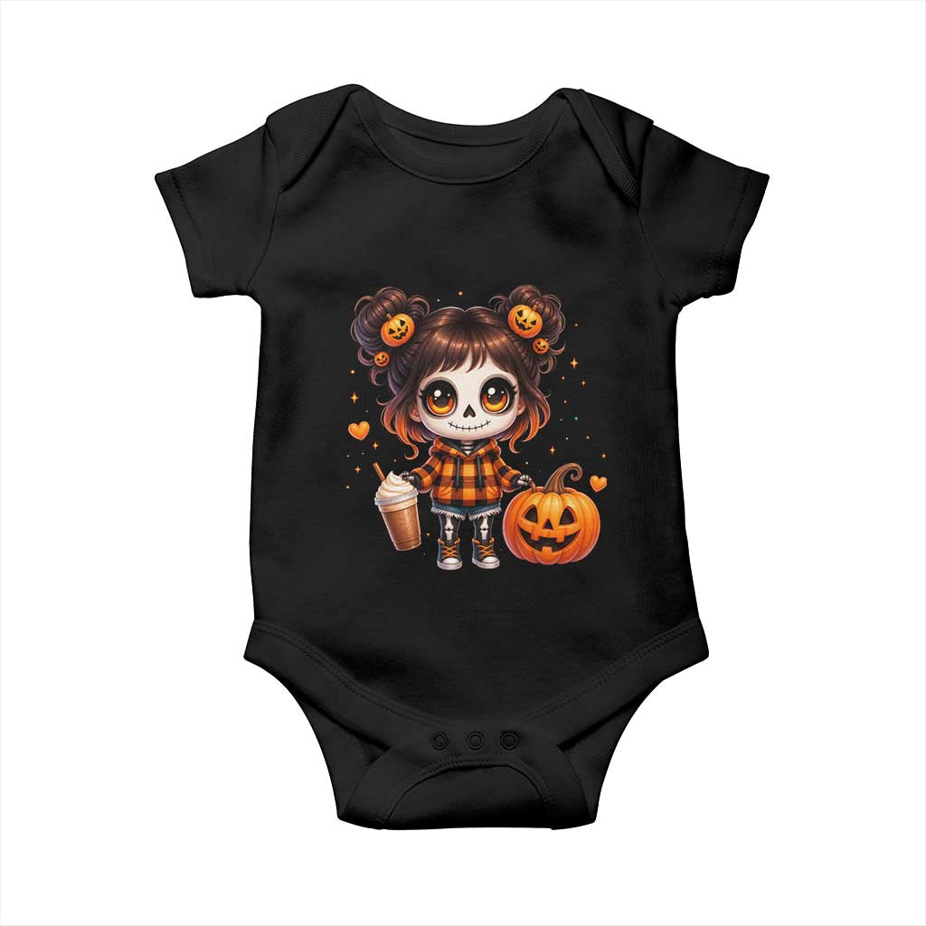 Halloween Autumn Spooky Fall Gift Baby Onesie Cute Chibi Skeleton Girl Pumpkin Spice Latte TS12 Black Print Your Wear