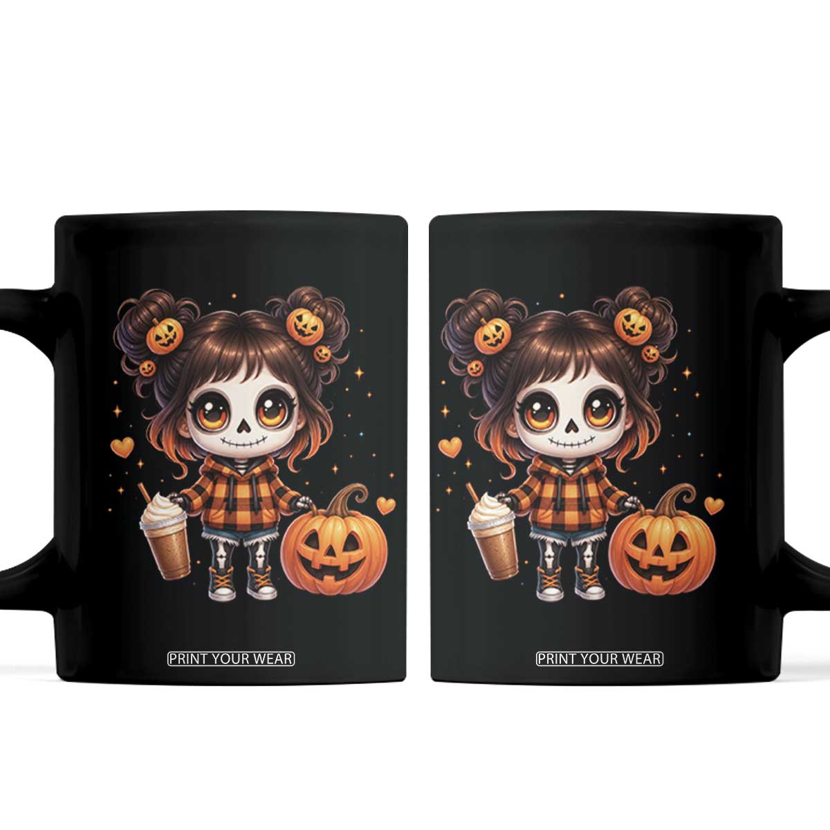 Halloween Autumn Spooky Fall Gift Coffee Mug Cute Chibi Skeleton Girl Pumpkin Spice Latte TS12 Black Print Your Wear