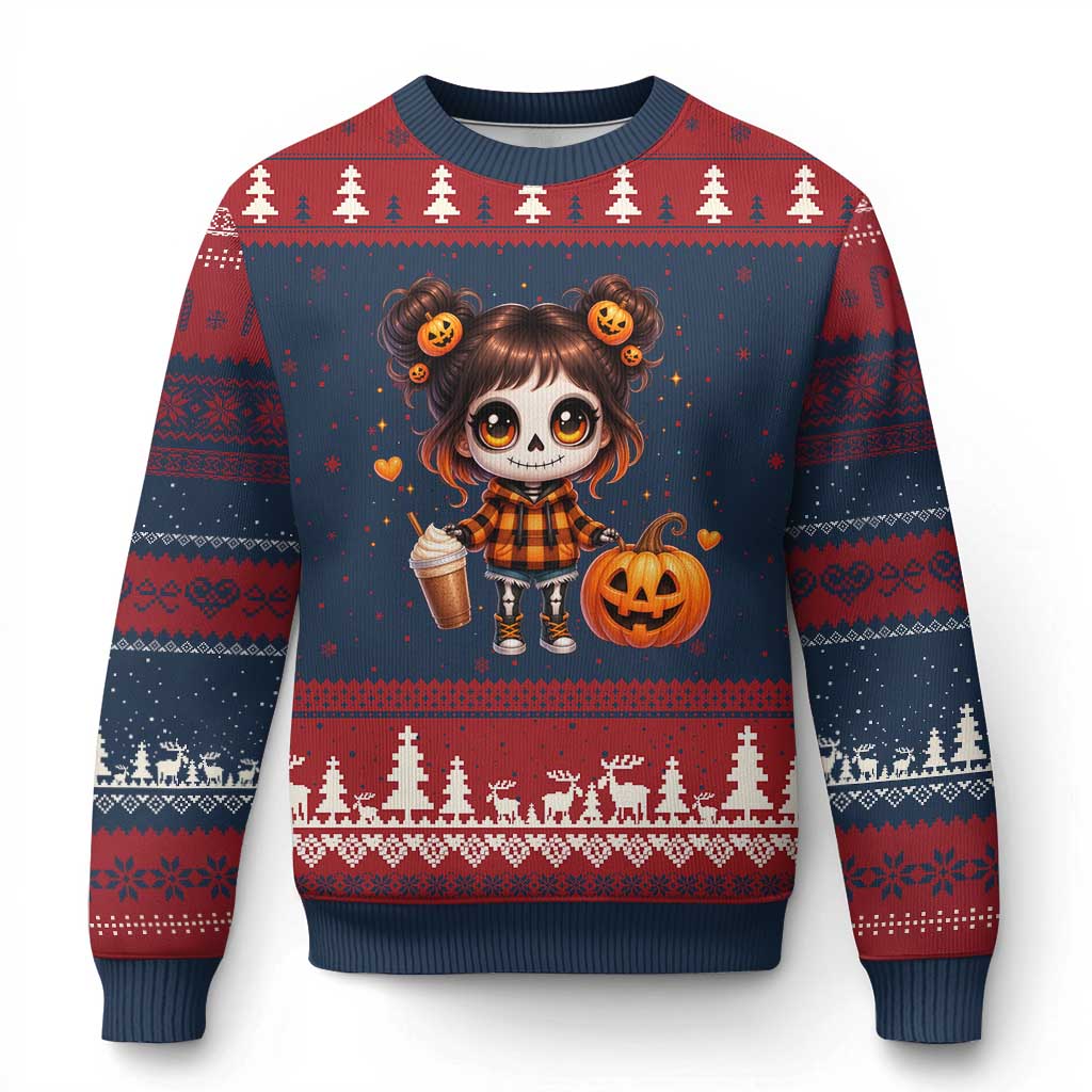 Halloween Autumn Spooky Fall Gift Ugly Christmas Sweater Cute Chibi Skeleton Girl Pumpkin Spice Latte TS12 Navy Red Print Your Wear