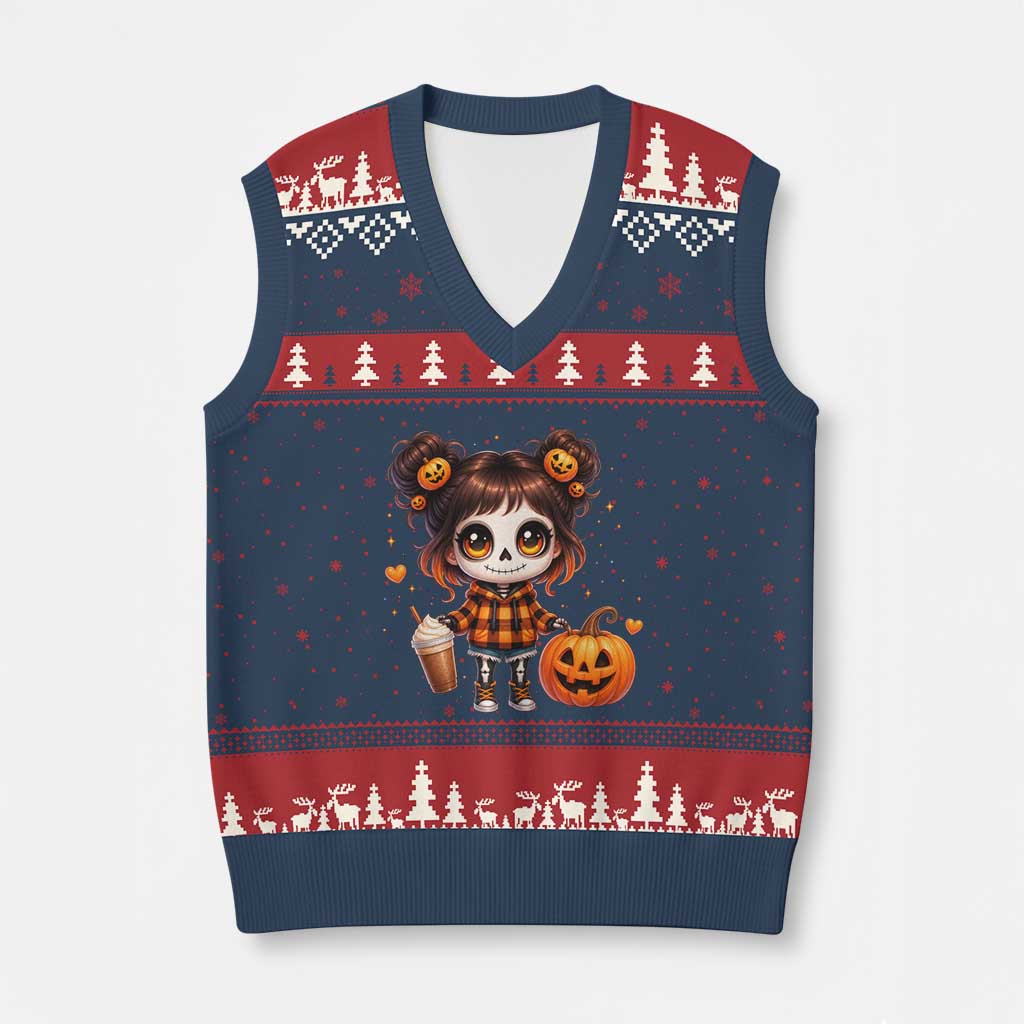 Halloween Autumn Spooky Fall Gift V-Neck Knit Sweater Vest Cute Chibi Skeleton Girl Pumpkin Spice Latte TS12 Navy Red Print Your Wear