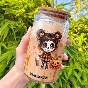 Halloween Autumn Spooky Fall Gift Glass Can Cute Chibi Skeleton Girl Pumpkin Spice Latte