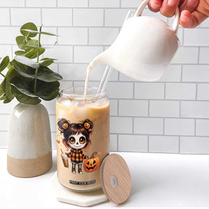 Halloween Autumn Spooky Fall Gift Glass Can Cute Chibi Skeleton Girl Pumpkin Spice Latte