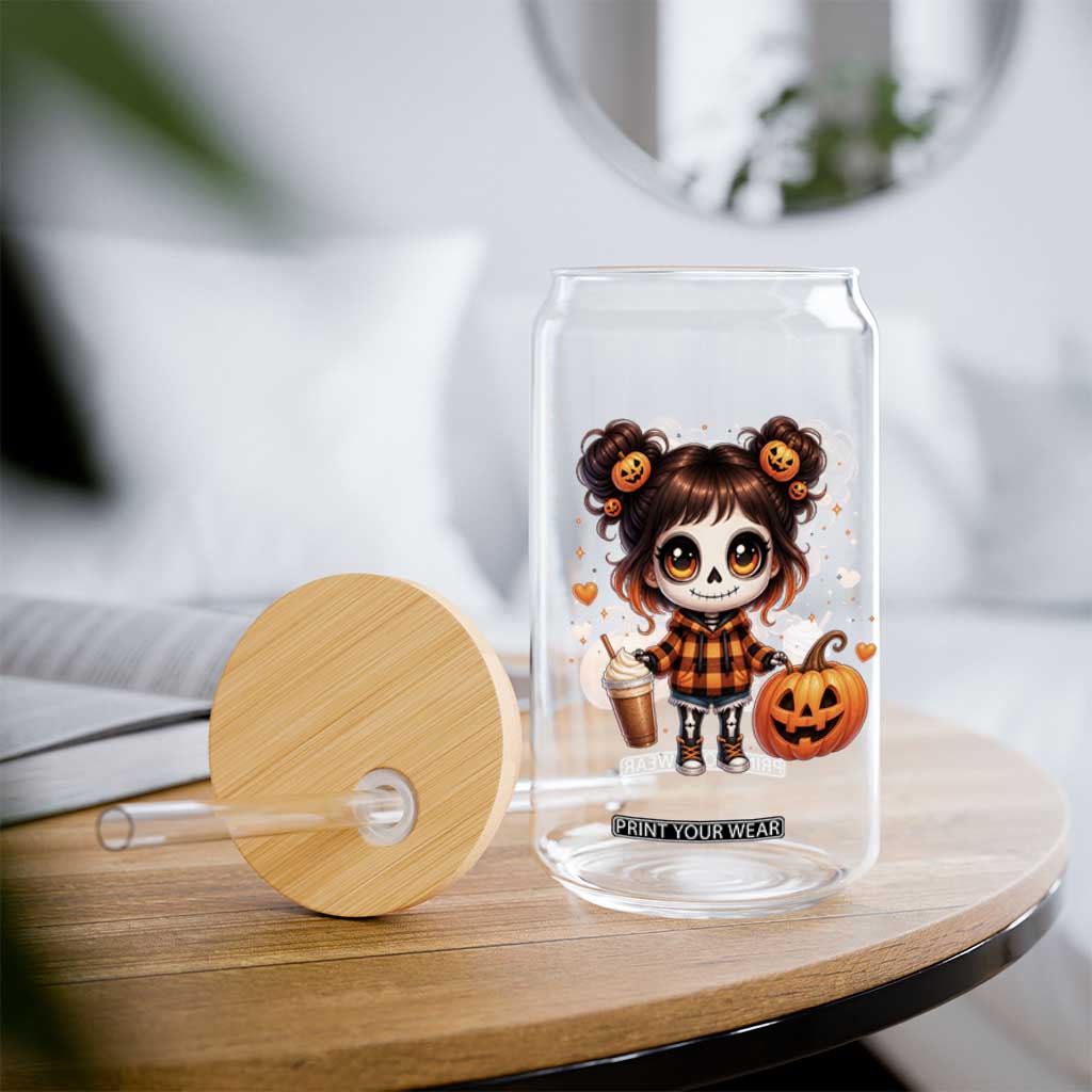 Halloween Autumn Spooky Fall Gift Glass Can Cute Chibi Skeleton Girl Pumpkin Spice Latte