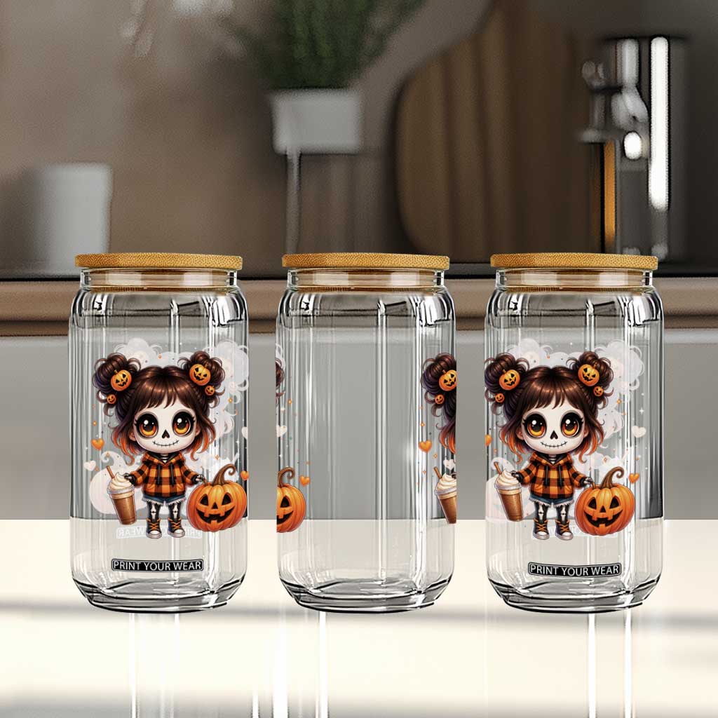 Halloween Autumn Spooky Fall Gift Glass Can Cute Chibi Skeleton Girl Pumpkin Spice Latte