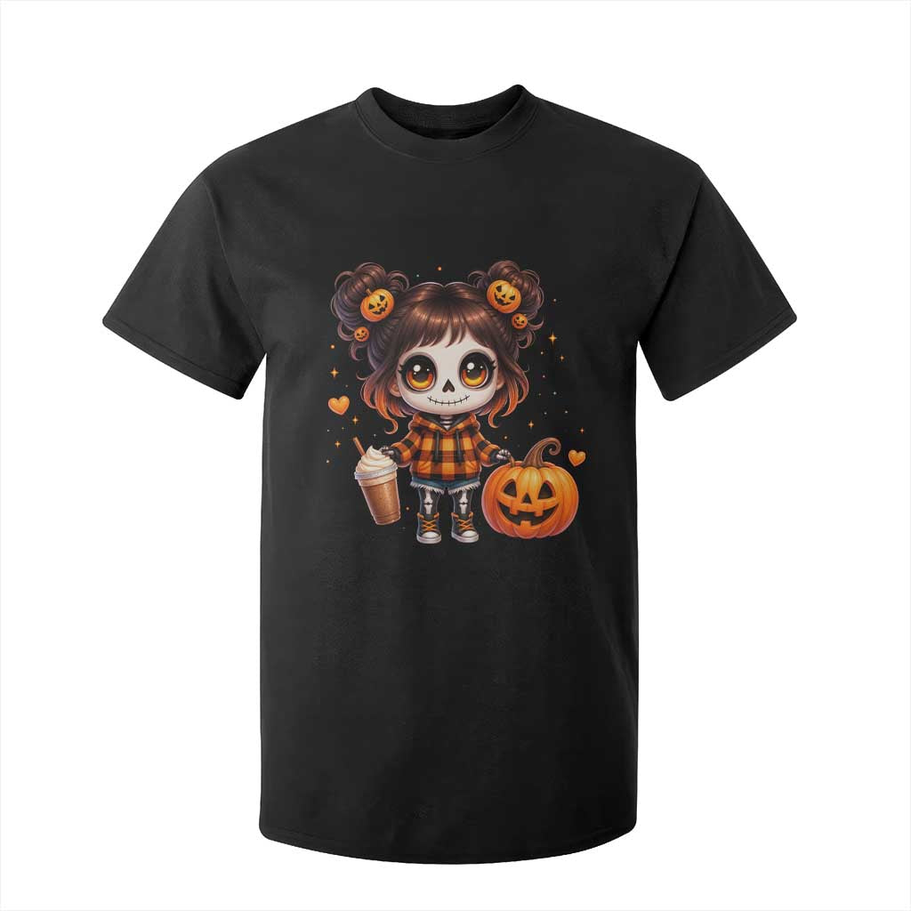 Halloween Autumn Spooky Fall Gift T Shirt For Kid Cute Chibi Skeleton Girl Pumpkin Spice Latte TS12 Black Print Your Wear