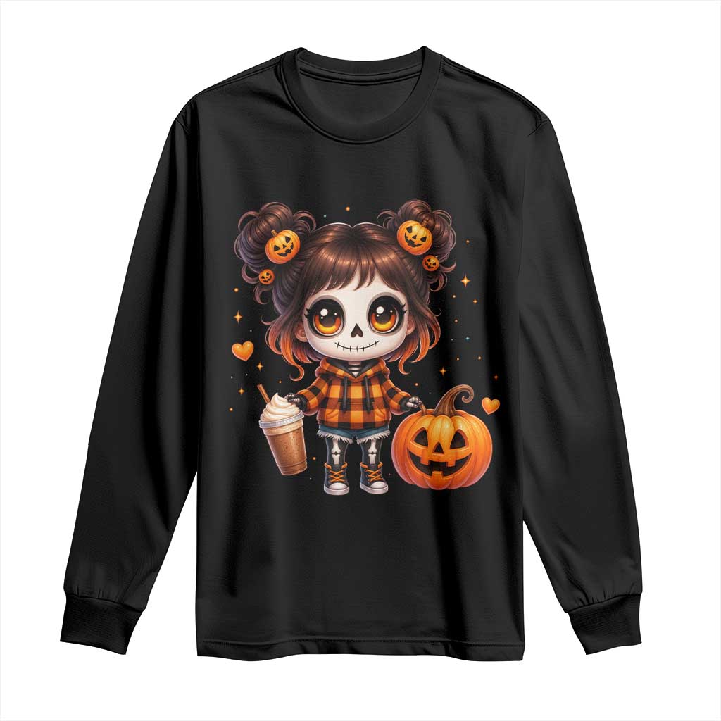 Halloween Autumn Spooky Fall Gift Long Sleeve Shirt Cute Chibi Skeleton Girl Pumpkin Spice Latte TS12 Black Print Your Wear