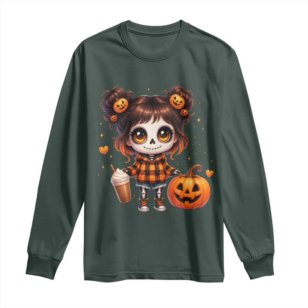 Halloween Autumn Spooky Fall Gift Long Sleeve Shirt Cute Chibi Skeleton Girl Pumpkin Spice Latte TS12 Dark Forest Green Print Your Wear