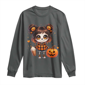 Halloween Autumn Spooky Fall Gift Long Sleeve Shirt Cute Chibi Skeleton Girl Pumpkin Spice Latte TS12 Dark Heather Print Your Wear