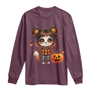 Halloween Autumn Spooky Fall Gift Long Sleeve Shirt Cute Chibi Skeleton Girl Pumpkin Spice Latte TS12 Maroon Print Your Wear