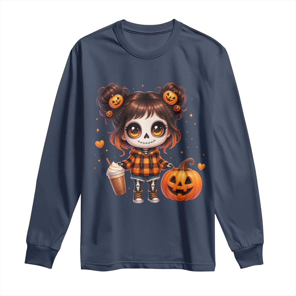 Halloween Autumn Spooky Fall Gift Long Sleeve Shirt Cute Chibi Skeleton Girl Pumpkin Spice Latte TS12 Navy Print Your Wear