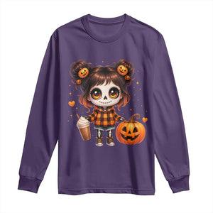 Halloween Autumn Spooky Fall Gift Long Sleeve Shirt Cute Chibi Skeleton Girl Pumpkin Spice Latte TS12 Purple Print Your Wear