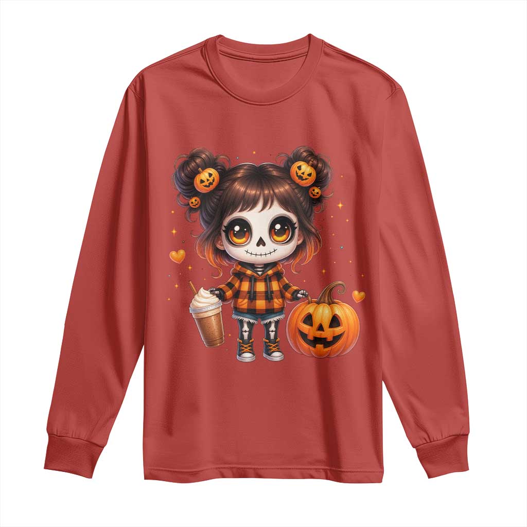 Halloween Autumn Spooky Fall Gift Long Sleeve Shirt Cute Chibi Skeleton Girl Pumpkin Spice Latte TS12 Red Print Your Wear