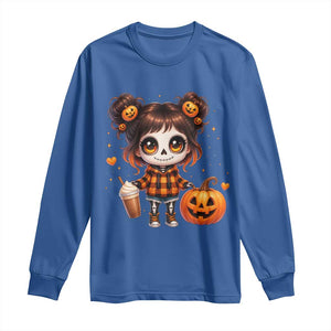 Halloween Autumn Spooky Fall Gift Long Sleeve Shirt Cute Chibi Skeleton Girl Pumpkin Spice Latte TS12 Royal Blue Print Your Wear