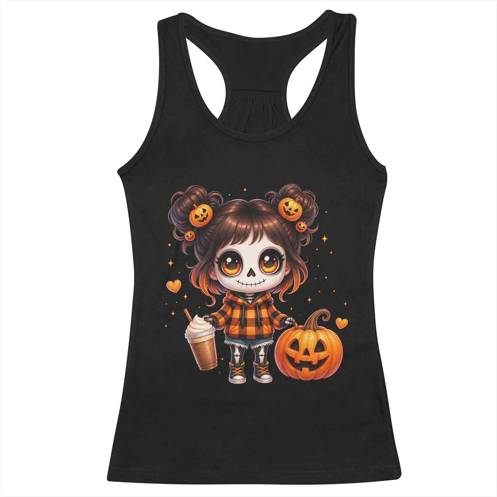 Halloween Autumn Spooky Fall Gift Racerback Tank Top Cute Chibi Skeleton Girl Pumpkin Spice Latte TS12 Black Print Your Wear