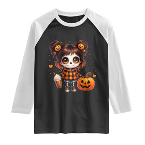 Halloween Autumn Spooky Fall Gift Raglan Shirt Cute Chibi Skeleton Girl Pumpkin Spice Latte TS12 Black White Print Your Wear