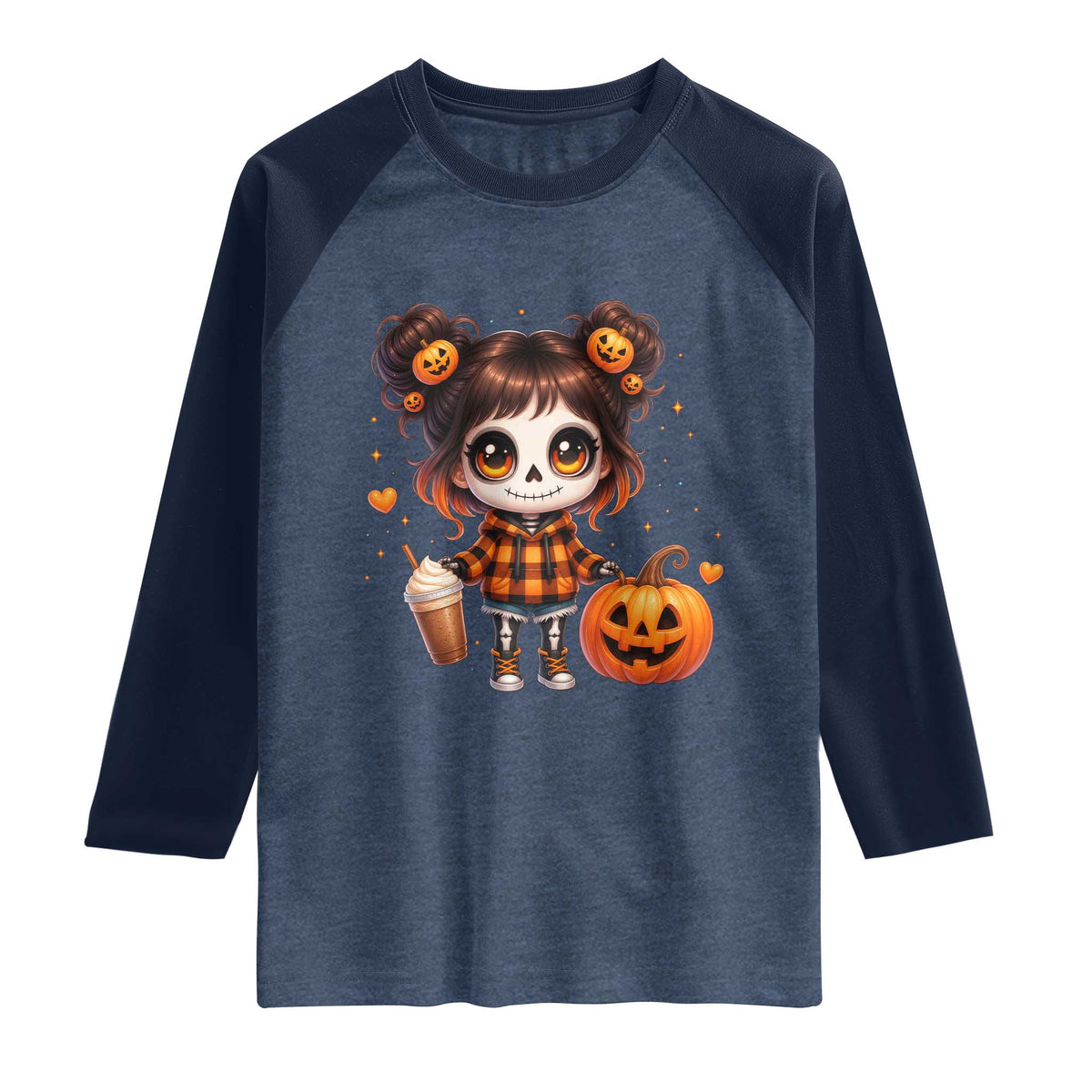 Halloween Autumn Spooky Fall Gift Raglan Shirt Cute Chibi Skeleton Girl Pumpkin Spice Latte TS12 Heather Denim Navy Print Your Wear
