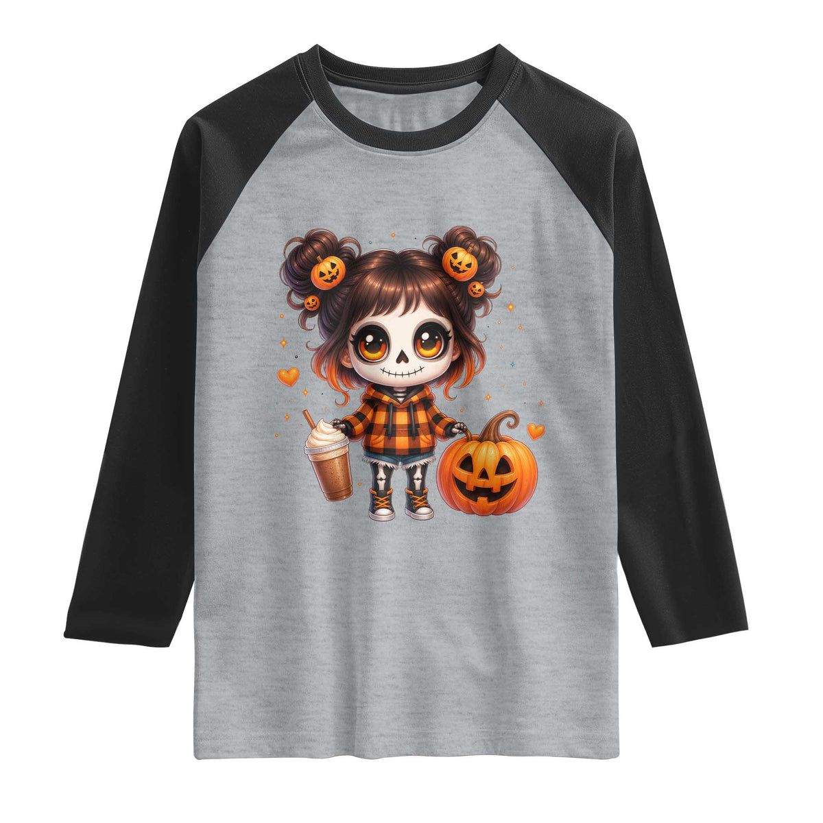 Halloween Autumn Spooky Fall Gift Raglan Shirt Cute Chibi Skeleton Girl Pumpkin Spice Latte TS12 Heather Gray Black Print Your Wear