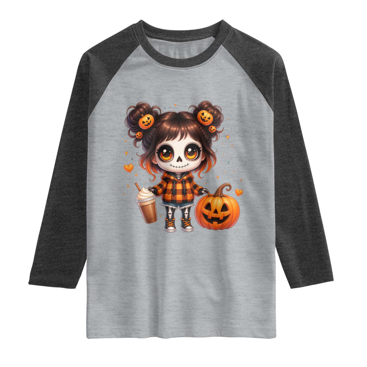 Halloween Autumn Spooky Fall Gift Raglan Shirt Cute Chibi Skeleton Girl Pumpkin Spice Latte TS12 Heather Gray Heather Charcoal Print Your Wear