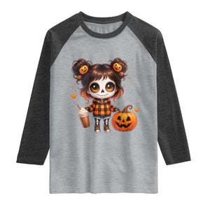 Halloween Autumn Spooky Fall Gift Raglan Shirt Cute Chibi Skeleton Girl Pumpkin Spice Latte TS12 Heather Gray Heather Charcoal Print Your Wear