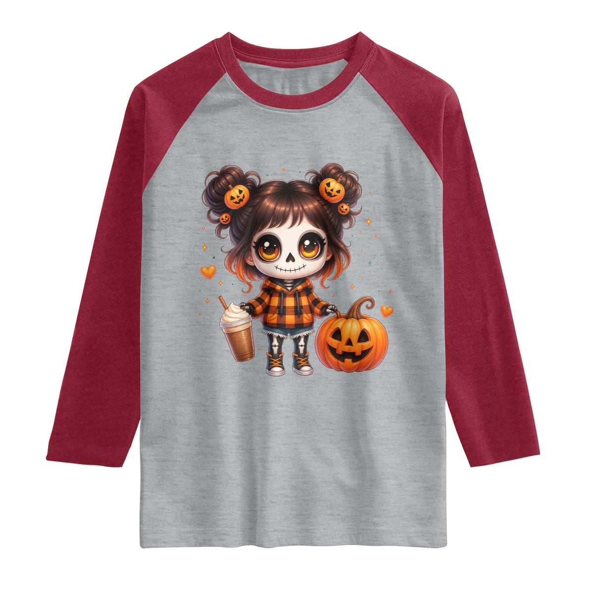 Halloween Autumn Spooky Fall Gift Raglan Shirt Cute Chibi Skeleton Girl Pumpkin Spice Latte TS12 Heather Gray Heather Red Print Your Wear