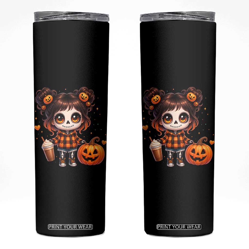 Halloween Autumn Spooky Fall Gift Skinny Tumbler Cute Chibi Skeleton Girl Pumpkin Spice Latte TS12 Black Print Your Wear