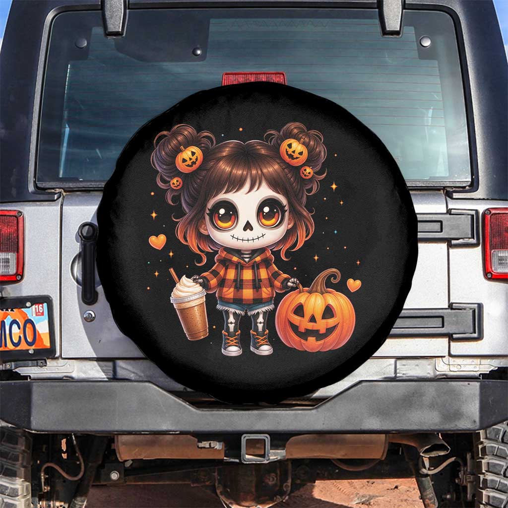 Halloween Autumn Spooky Fall Gift Spare Tire Cover Cute Chibi Skeleton Girl Pumpkin Spice Latte TS12 No hole Black Print Your Wear