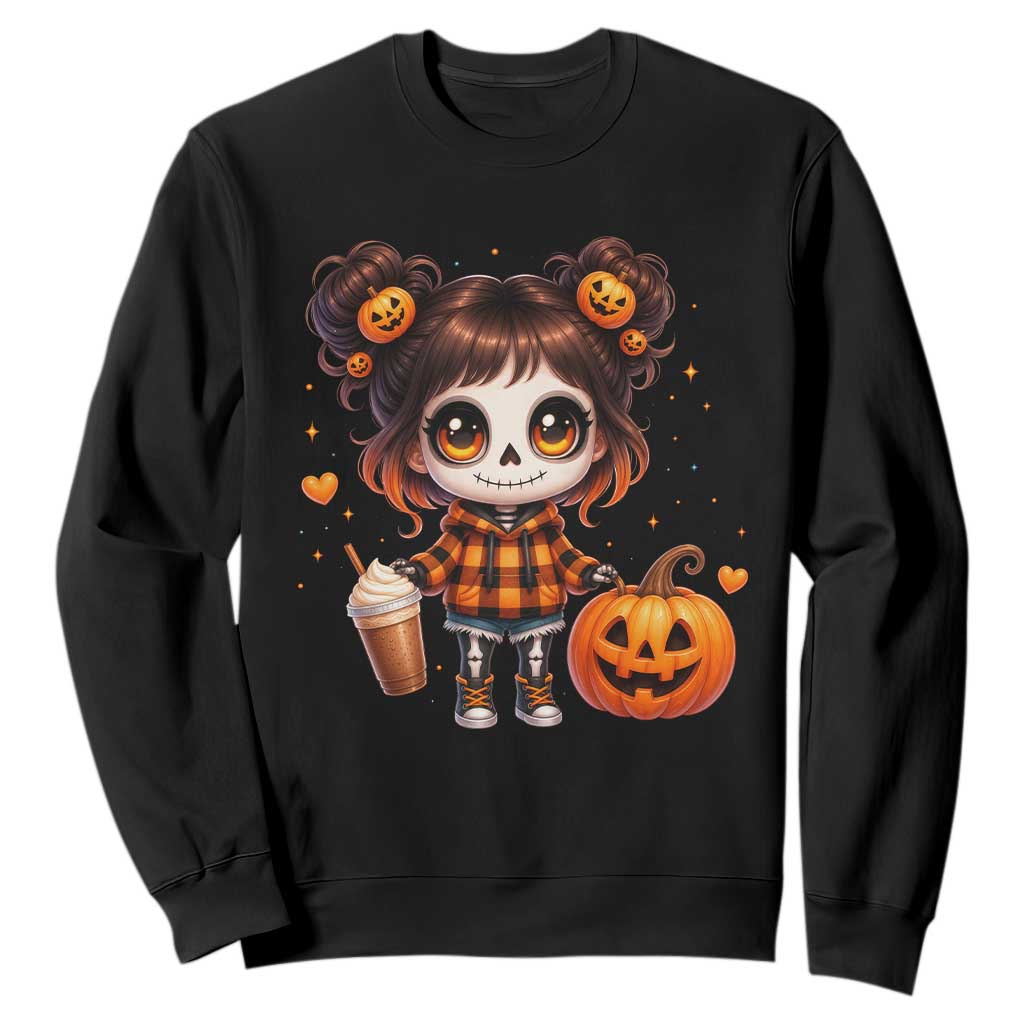 Halloween Autumn Spooky Fall Gift Sweatshirt Cute Chibi Skeleton Girl Pumpkin Spice Latte TS12 Black Print Your Wear