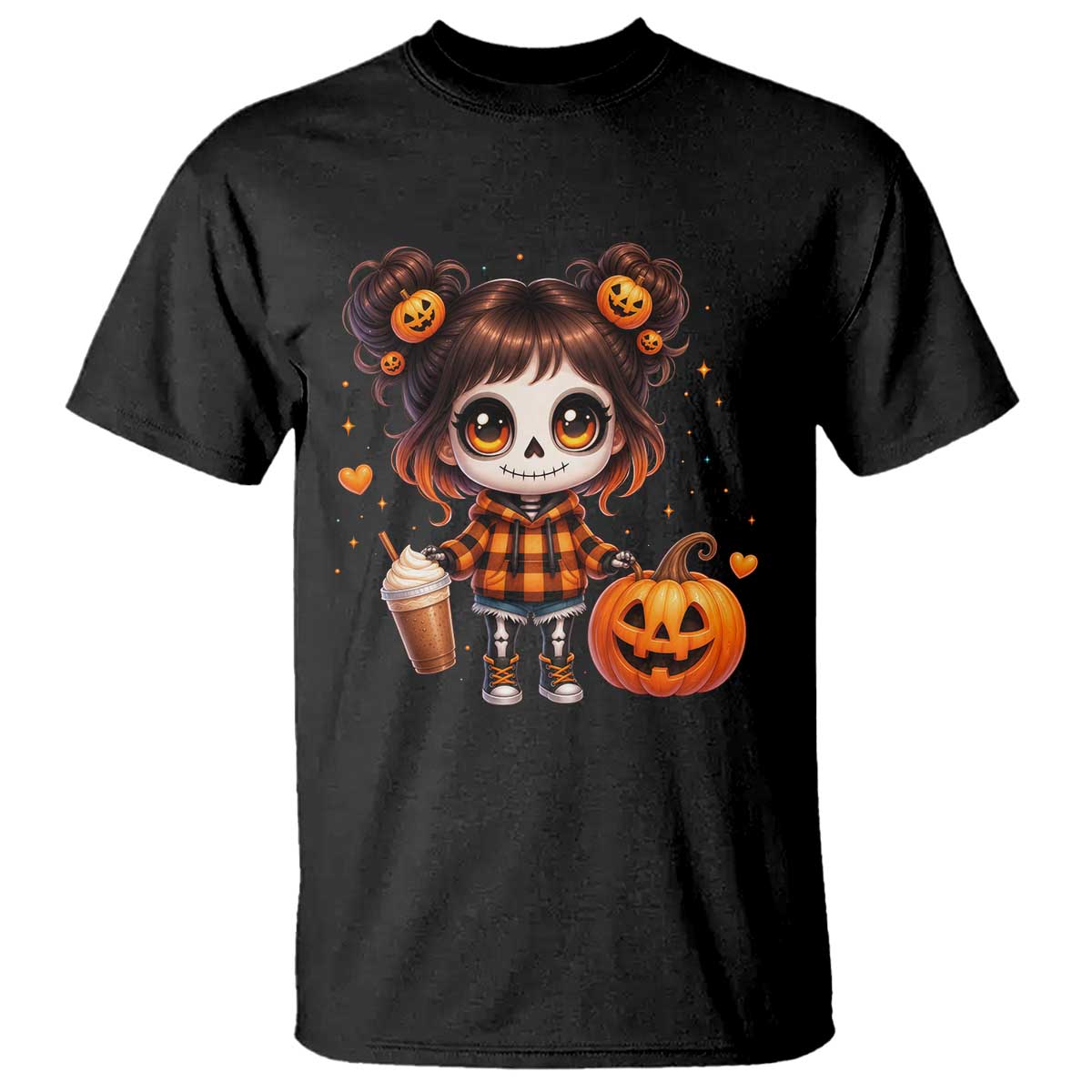 Halloween Autumn Spooky Fall Gift T Shirt Cute Chibi Skeleton Girl Pumpkin Spice Latte TS12 Black Print Your Wear