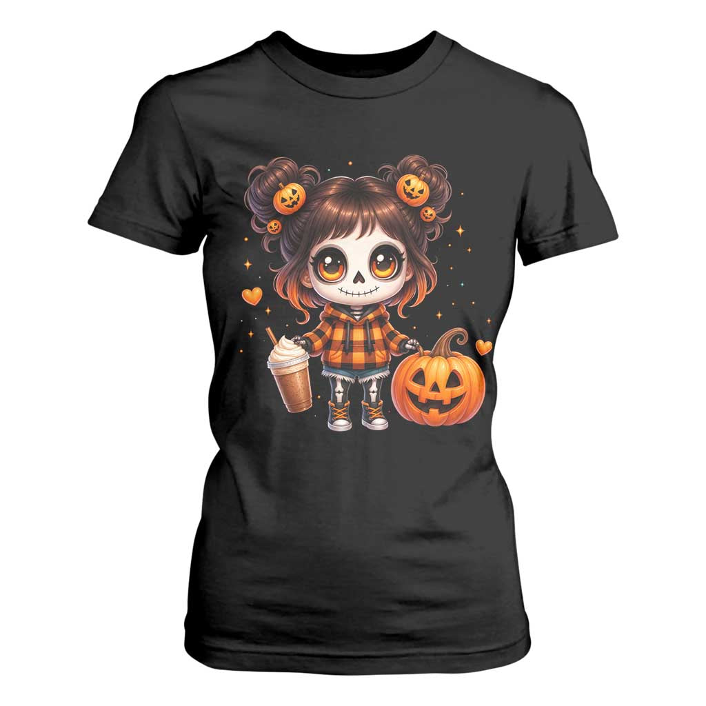Halloween Autumn Spooky Fall Gift T Shirt For Women Cute Chibi Skeleton Girl Pumpkin Spice Latte TS12 Black Print Your Wear