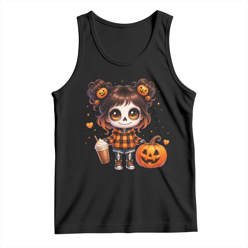 Halloween Autumn Spooky Fall Gift Tank Top Cute Chibi Skeleton Girl Pumpkin Spice Latte TS12 Black Print Your Wear