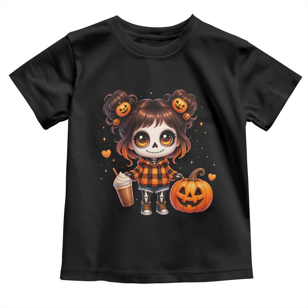 Halloween Autumn Spooky Fall Gift Toddler T Shirt Cute Chibi Skeleton Girl Pumpkin Spice Latte TS12 Black Print Your Wear