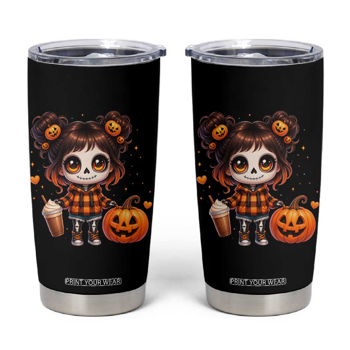 Halloween Autumn Spooky Fall Gift Tumbler Cup Cute Chibi Skeleton Girl Pumpkin Spice Latte TS12 Black Print Your Wear