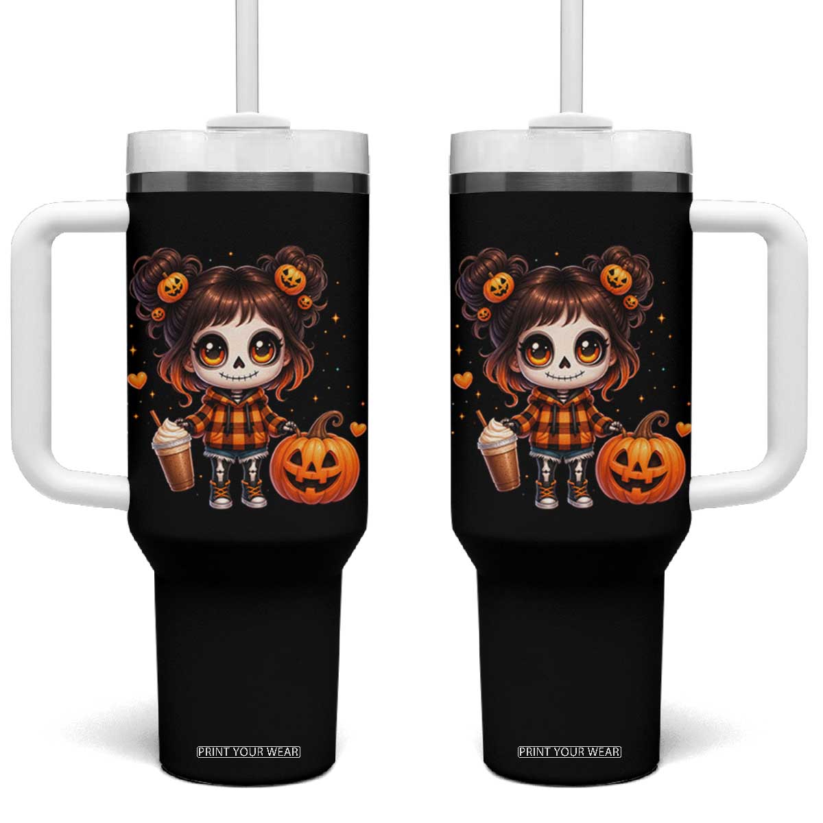 Halloween Autumn Spooky Fall Gift Tumbler With Handle Cute Chibi Skeleton Girl Pumpkin Spice Latte TS12 One Size: 40 oz Black Print Your Wear