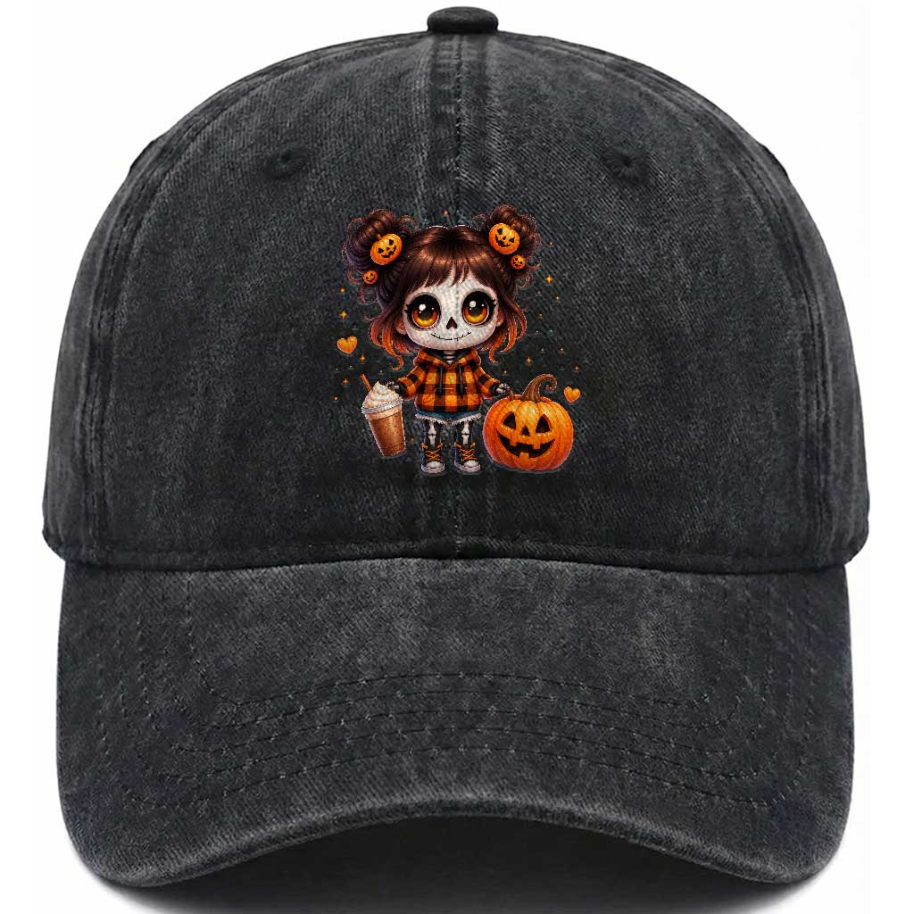 Halloween Autumn Spooky Fall Gift Washed Cotton Baseball Cap Cute Chibi Skeleton Girl Pumpkin Spice Latte TS12 Print Your Wear
