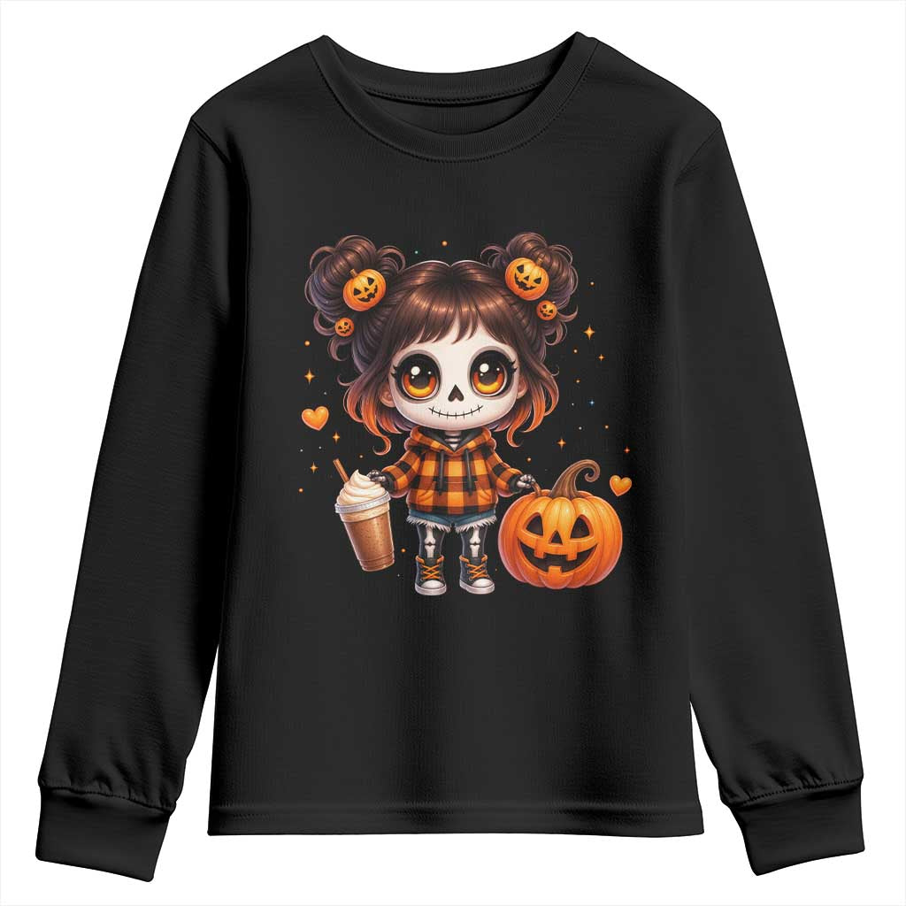 Halloween Autumn Spooky Fall Gift Youth Sweatshirt Cute Chibi Skeleton Girl Pumpkin Spice Latte TS12 Black Print Your Wear