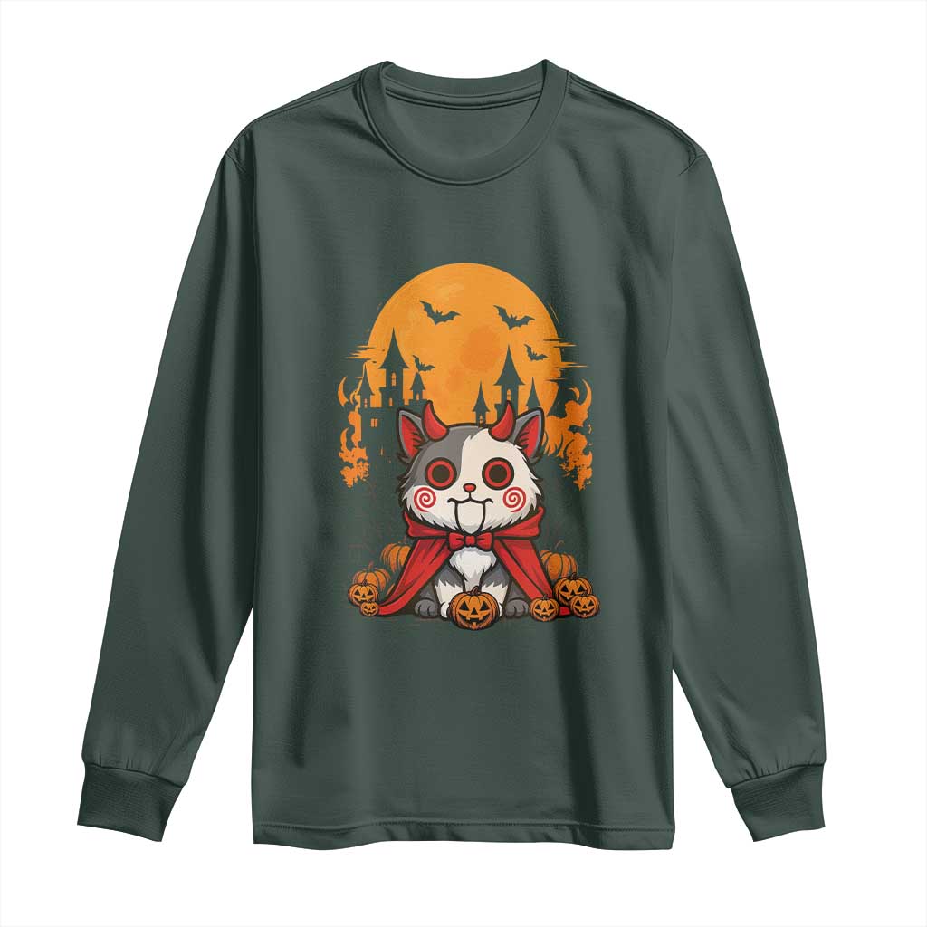 Halloween Cat Long Sleeve Shirt Horror Vampire Kawaii Chibi Kitten TS12 Dark Forest Green Print Your Wear
