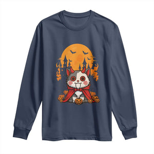 Halloween Cat Long Sleeve Shirt Horror Vampire Kawaii Chibi Kitten TS12 Navy Print Your Wear