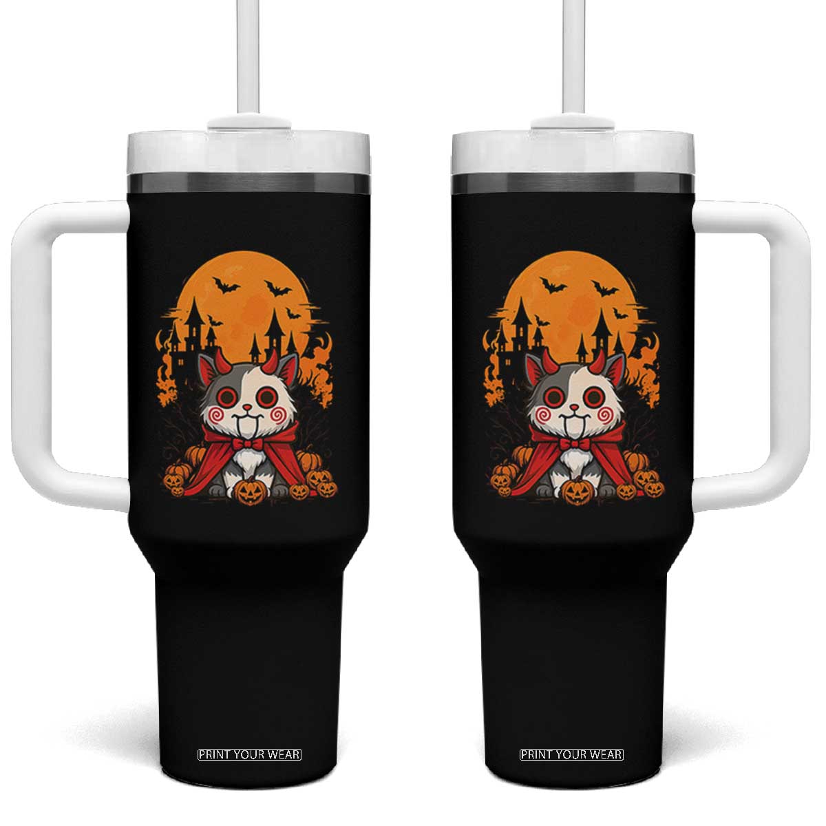 Halloween Cat Tumbler With Handle Horror Vampire Kawaii Chibi Kitten TS12 One Size: 40 oz Black Print Your Wear