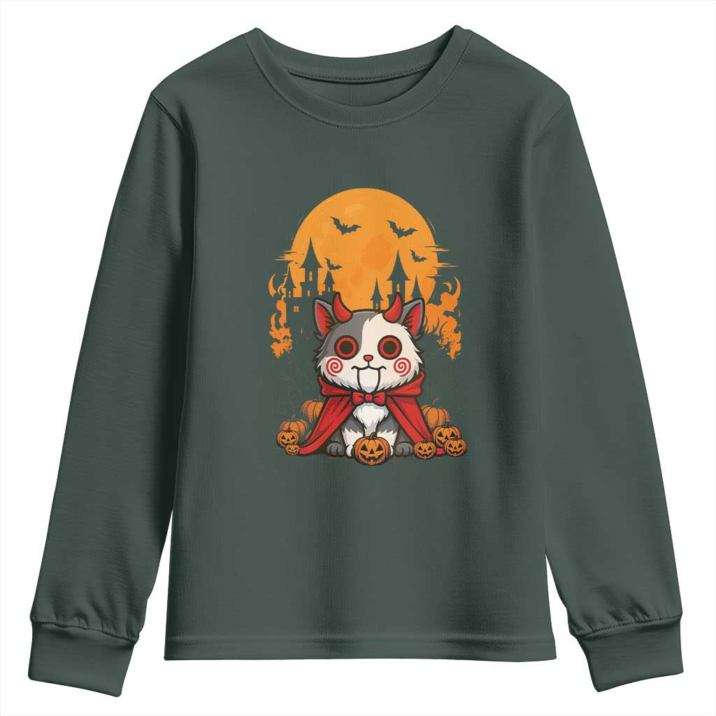 Halloween Cat Youth Sweatshirt Horror Vampire Kawaii Chibi Kitten TS12 Dark Forest Green Print Your Wear