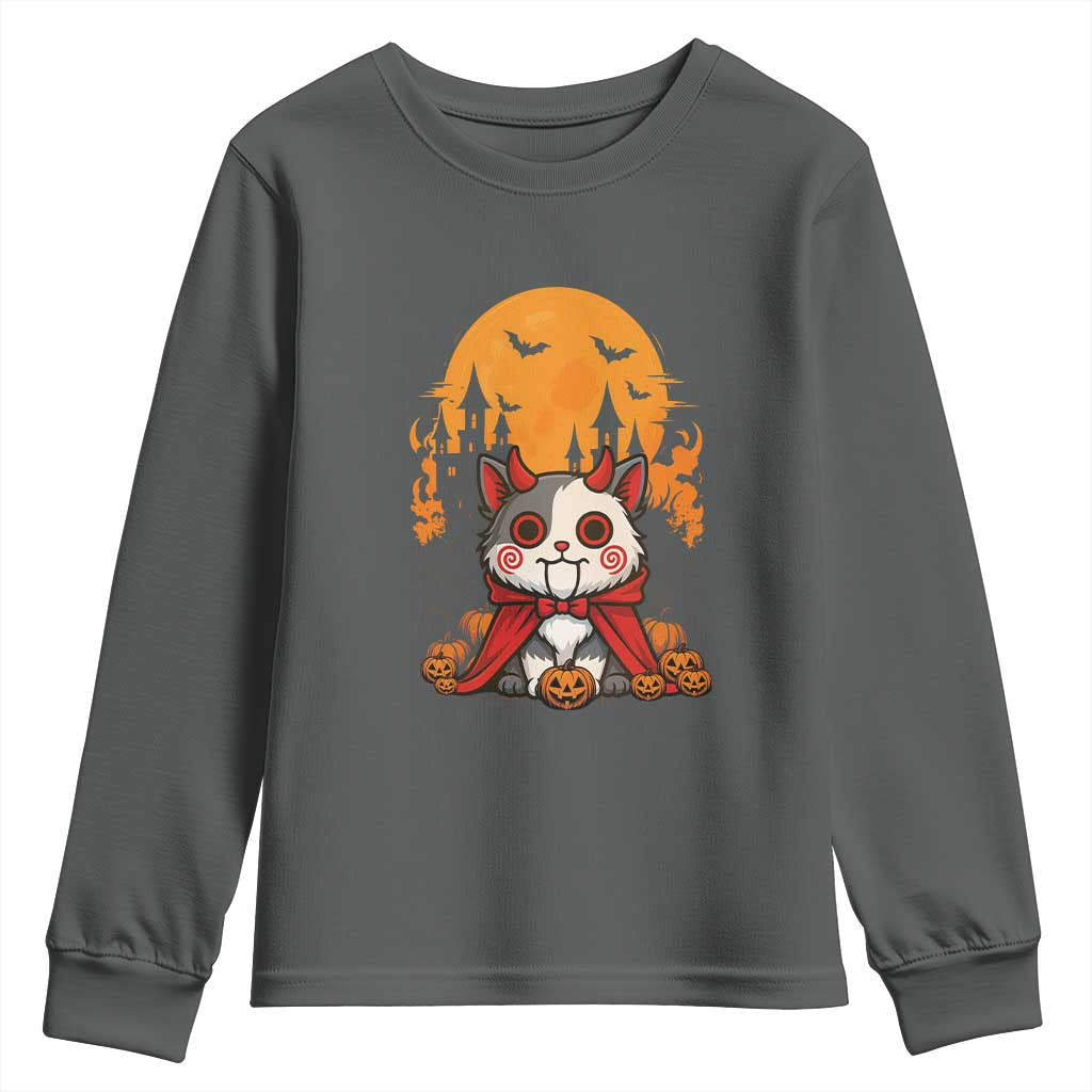 Halloween Cat Youth Sweatshirt Horror Vampire Kawaii Chibi Kitten TS12 Dark Heather Print Your Wear