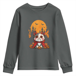 Halloween Cat Youth Sweatshirt Horror Vampire Kawaii Chibi Kitten TS12 Dark Heather Print Your Wear