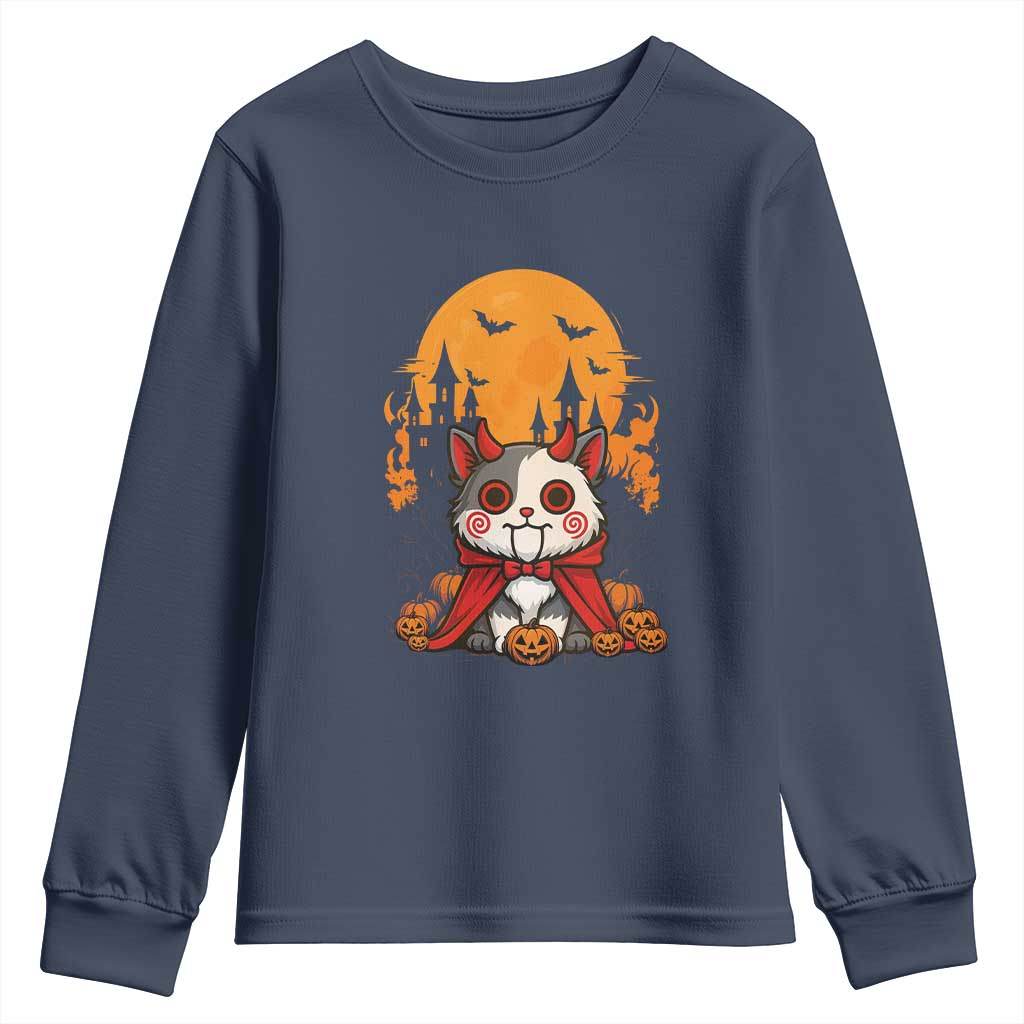 Halloween Cat Youth Sweatshirt Horror Vampire Kawaii Chibi Kitten TS12 Navy Print Your Wear
