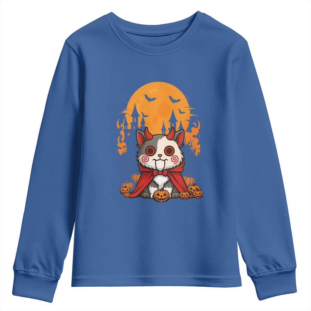 Halloween Cat Youth Sweatshirt Horror Vampire Kawaii Chibi Kitten TS12 Royal Blue Print Your Wear