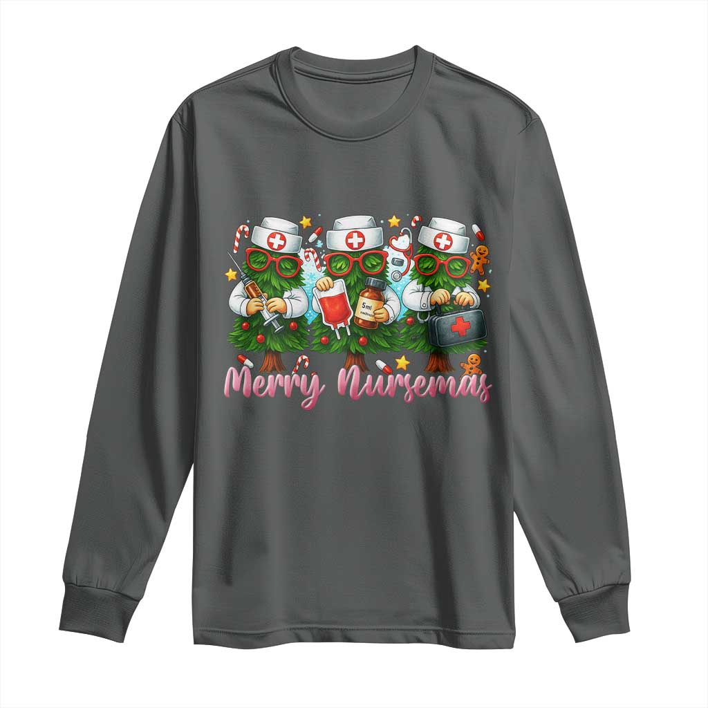 Christmas Nurse Long Sleeve Shirt Funny Merry Nursemas Pine Tree TS12 Dark Heather Print Your Wear
