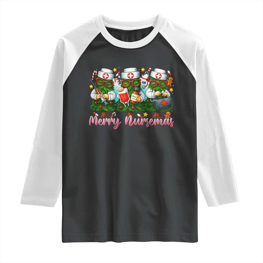 Christmas Nurse Raglan Shirt Funny Merry Nursemas Pine Tree TS12 Black White Print Your Wear