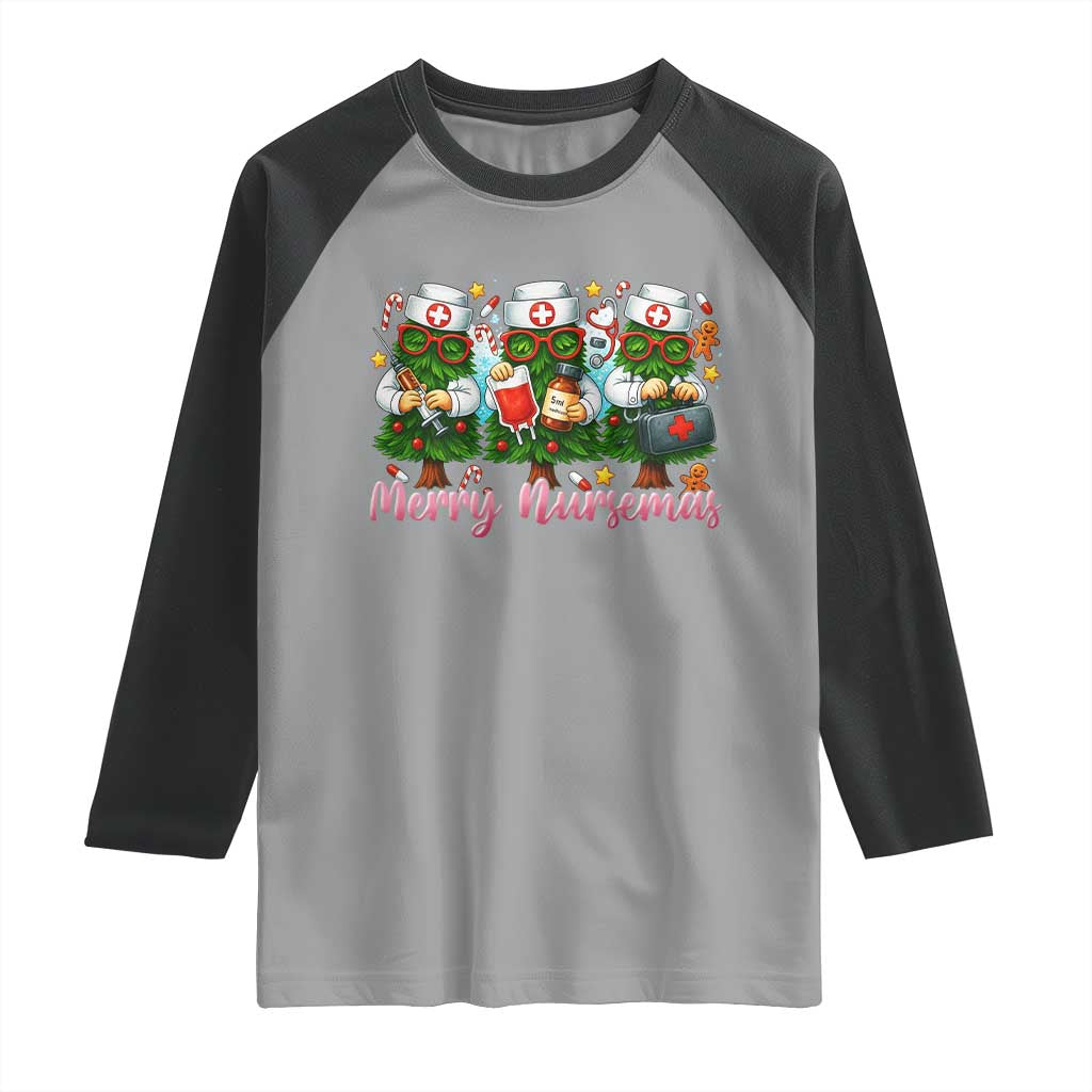 Christmas Nurse Raglan Shirt Funny Merry Nursemas Pine Tree TS12 Sport Gray Black Print Your Wear