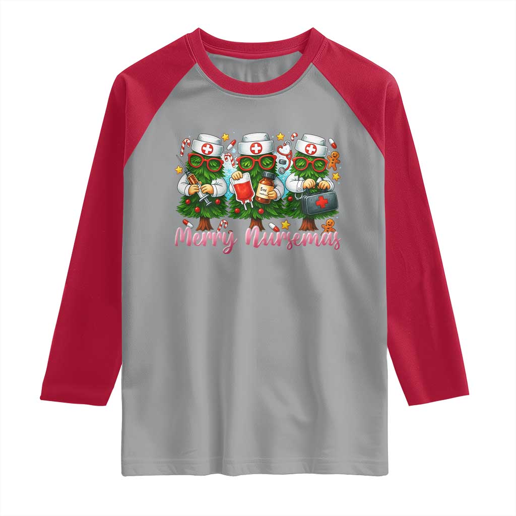 Christmas Nurse Raglan Shirt Funny Merry Nursemas Pine Tree TS12 Sport Gray Red Print Your Wear
