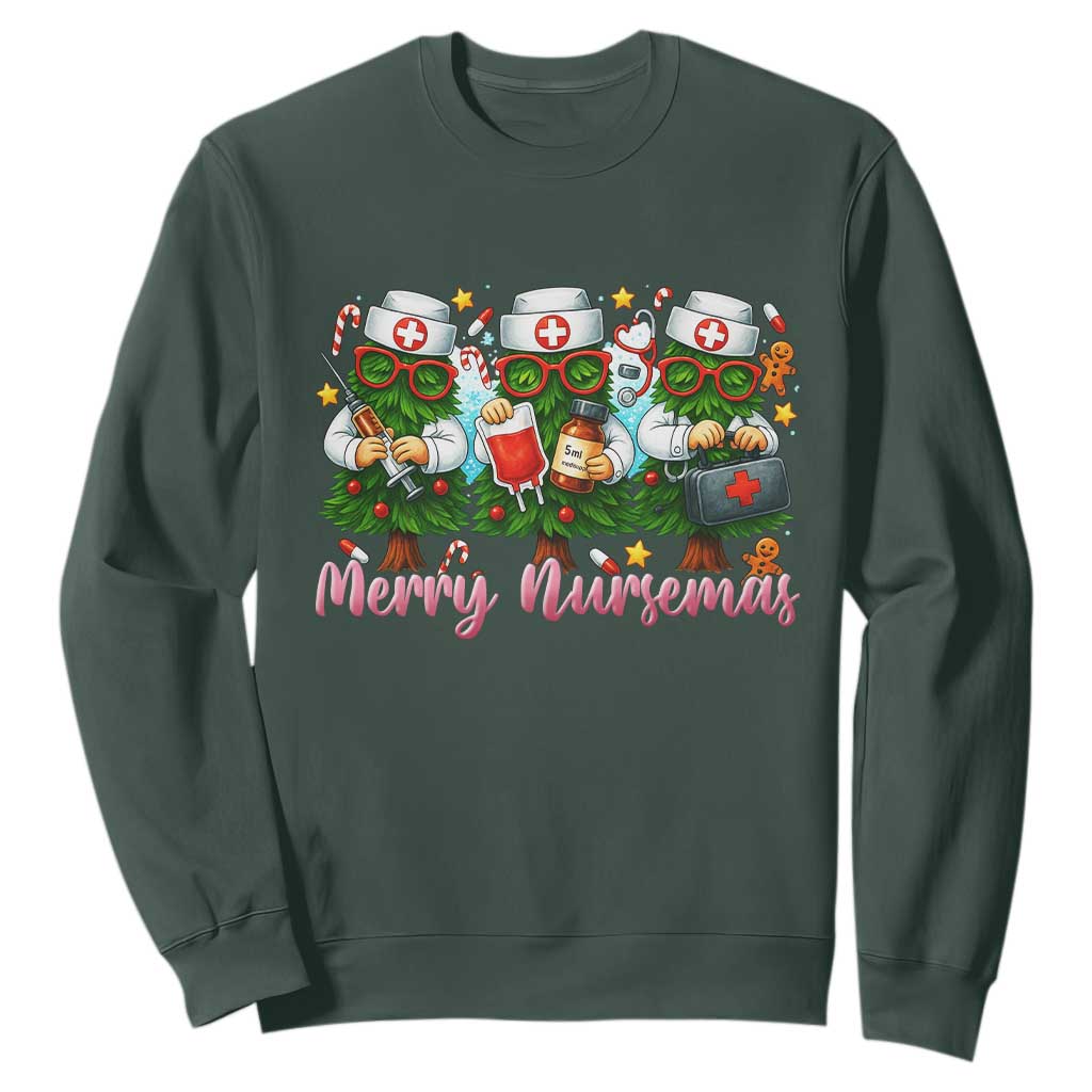 Christmas Nurse Sweatshirt Funny Merry Nursemas Pine Tree TS12 Dark Forest Green Print Your Wear